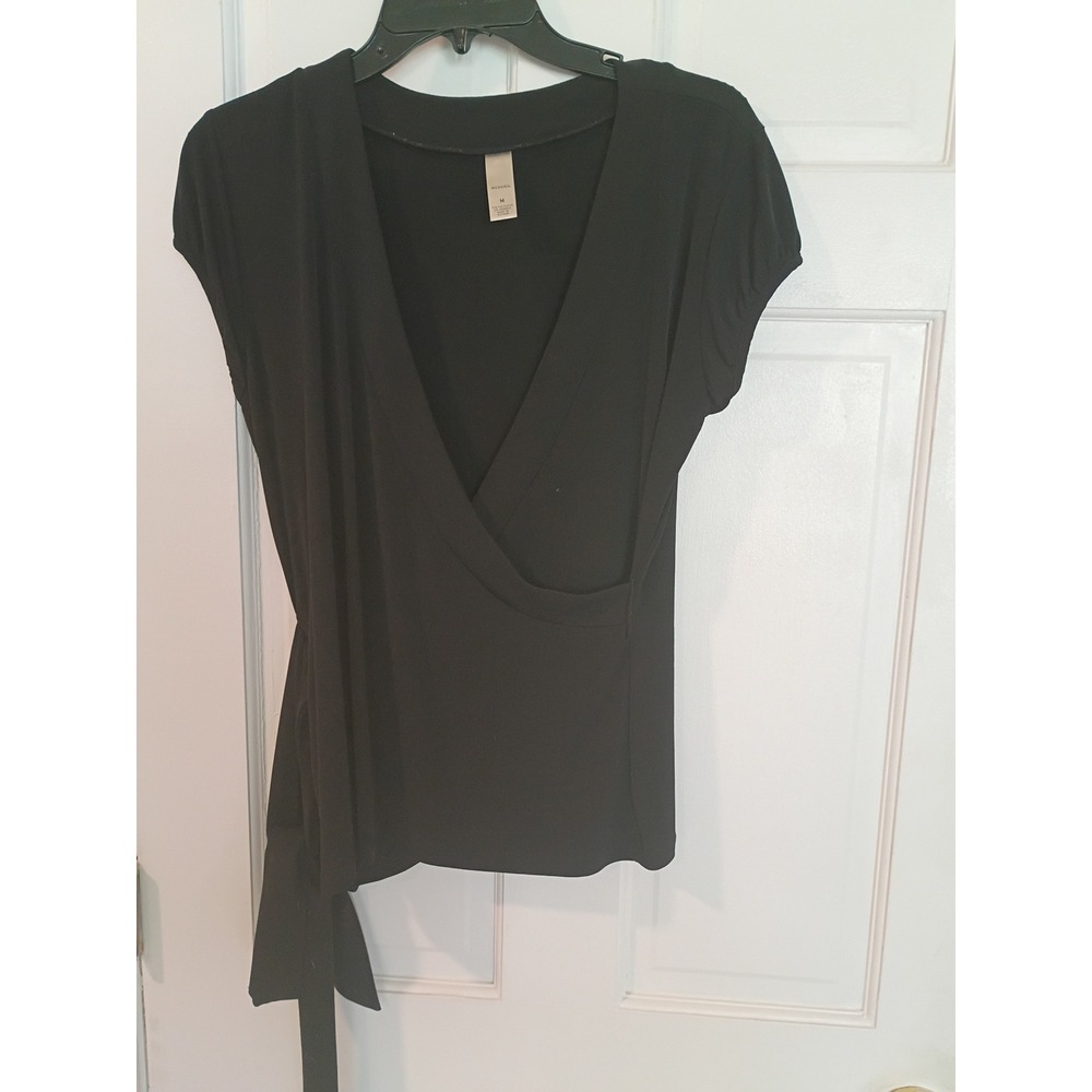 Merona Womens Black Short Sleeve Wrap Top V-Neck Side Tie Blouse Medium